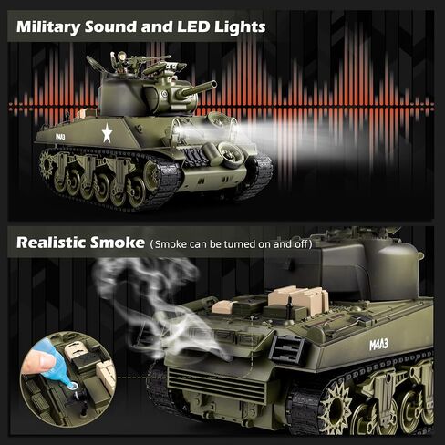 1/18 M4A3 Sherman RC Military Tank, Smoke, LED Light, Simulated Sound & Recoil Force, 60 Mins Play Time, Collectible Army Tank Toy for Kids & Adult Collectors. in Kuwait