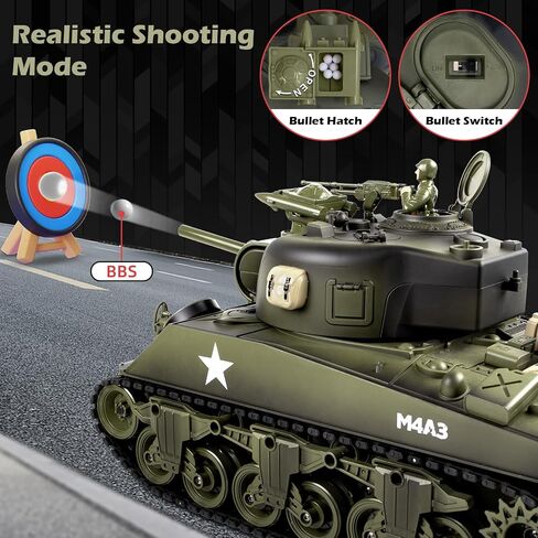 1/18 M4A3 Sherman RC Military Tank, Smoke, LED Light, Simulated Sound & Recoil Force, 60 Mins Play Time, Collectible Army Tank Toy for Kids & Adult Collectors. in Kuwait