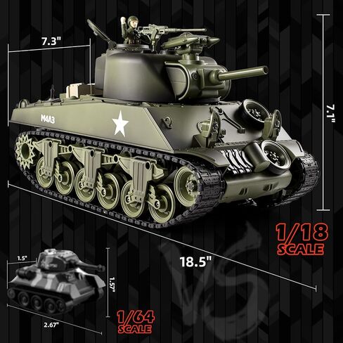 1/18 M4A3 Sherman RC Military Tank, Smoke, LED Light, Simulated Sound & Recoil Force, 60 Mins Play Time, Collectible Army Tank Toy for Kids & Adult Collectors. in Kuwait