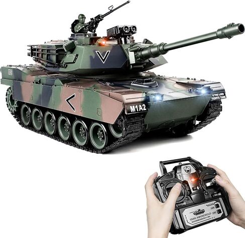 Supdex 1:18 RC Tank, 2.4Ghz M1A2 Remote Control Tank Model Toys, 15 Channel Battle Army Toy with Smoke, Light, Sound, Volume Switch, Military Toy for 8 Years Old+ that Shoots BBS in Kuwait