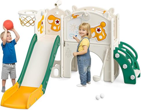 Mloong Toddler Slide for Kids - 11 in 1 Kids Slide for Toddlers Baby 1-3 Years Old, Indoor and Outdoor with Basketball Hoop Golf Drawing Set, Easy Assembly Elk Theme(Beige & Rosy Brown)(54×62×39in) in Kuwait