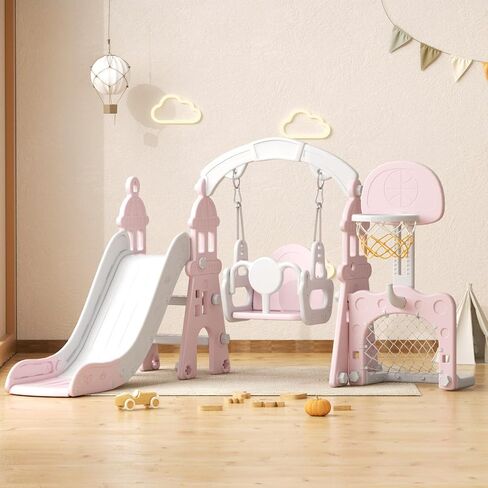 YUFU 5-in-1 Toddler Slide and Swing Set, Kids Slide with Climber, Swing, Basketball Hoop, Soccer Goal, Indoor Outdoor Playset for Toddlers Age 1-3 (Pink) in Kuwait