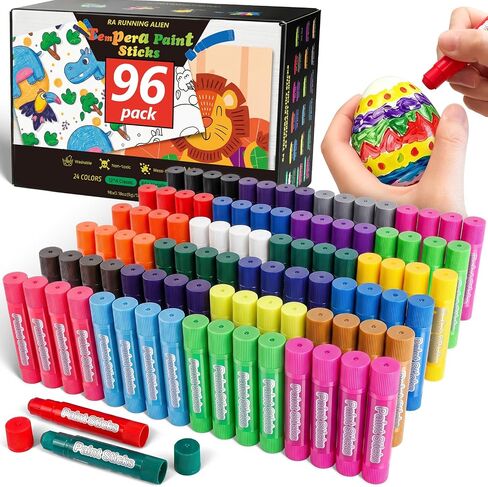 96 Pack Tempera Paint Sticks,24 Colors Non Toxic Solid Paint Sticks for Kids,No Mess,Quick Drying,Smooth and Washable Toddler Crayons,Works Great on Paper,Wood,Glass,Ceramic,Canvas in Kuwait