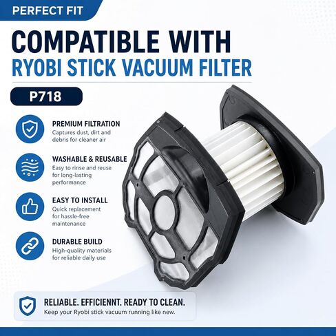 استبدال فلتر الفراغ متوافق مع مكنسة كهربائية Ryobi P718 P718K P718B 313282002 18 فولت، مجموعة فلتر واحدة مع شاشة مسبقة in Kuwait