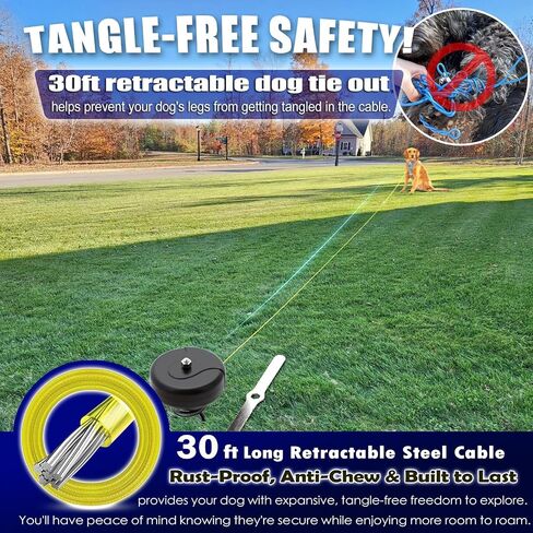 Dog Tie Out Cable and Stake 360° No Tangle Heavy Spiral Yard Stake and Retractable Dog Leash for Dogs Up to 10-90 lbs, 30ft Dog Chain for Outside Yard Camping Park (Black) in Kuwait