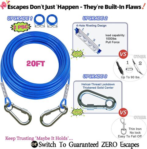 TOPKNOT Dog Tie Out Cable and Stake for Yard,with 2x20FT Heavy Duty Cables,360°Swivel Dog Run Anchor- No Tangle,Runner for Yard - Up to 200LBS,Ideal for Outdoor Camping in Saudi Arabia