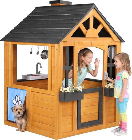 Jocoevol Kids Outdoor Playhouse, Cedar Wooden Kids Playhouse with Play Kitchen, Pet Door, Sink, Stove, Cookware, Windows, Flowerpot Holders, Ringing doorbell, Cottage Play House for Backyard in Kuwait
