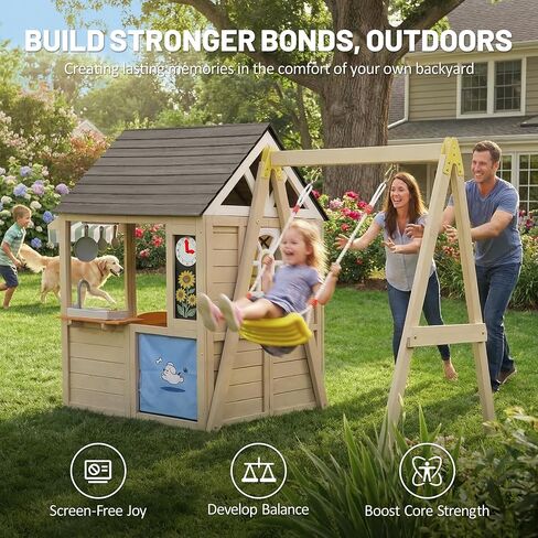Kids Playhouse with Swing Set, Wooden Outdoor Playset, Ages 3-8 in Saudi Arabia
