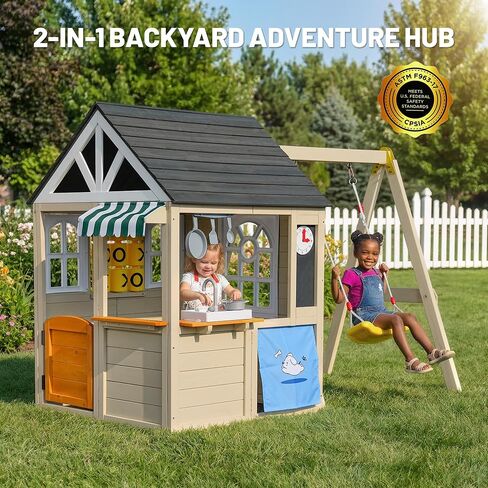Kids Playhouse with Swing Set, Wooden Outdoor Playset, Ages 3-8 in Saudi Arabia