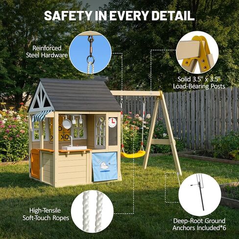 Kids Playhouse with Swing Set, Wooden Outdoor Playset, Ages 3-8 in Saudi Arabia