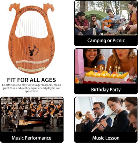 Lyre Harp, 16 Strings Mahogany Acoustic Harp with Extra Strings, Picks, Tuning Lever, Black Gig Bag, Beginner's Manual for Lyre in Kuwait