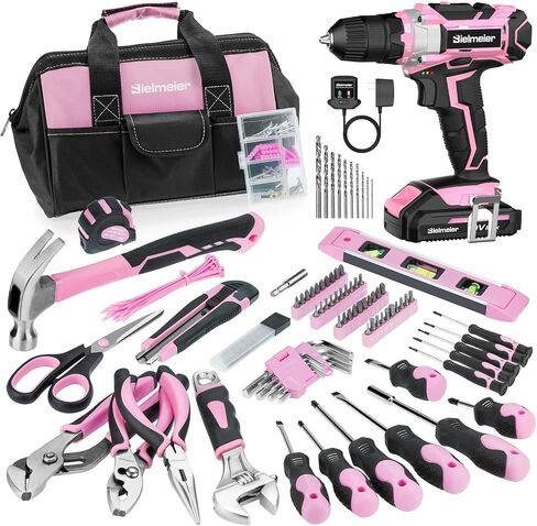 Bielmeier 12V Cordless Power Drill Kit Ideal for DIY Home Use, Variable Speed, Keyless Chuck, Pink Cordless Drill Kit, 82- piece Home Tool Set with Battery, Charger and Storage Bag in Kuwait