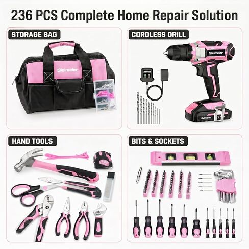 Bielmeier 12V Cordless Power Drill Kit Ideal for DIY Home Use, Variable Speed, Keyless Chuck, Pink Cordless Drill Kit, 82- piece Home Tool Set with Battery, Charger and Storage Bag in Kuwait