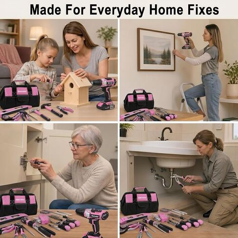 Bielmeier 12V Cordless Power Drill Kit Ideal for DIY Home Use, Variable Speed, Keyless Chuck, Pink Cordless Drill Kit, 82- piece Home Tool Set with Battery, Charger and Storage Bag in Kuwait