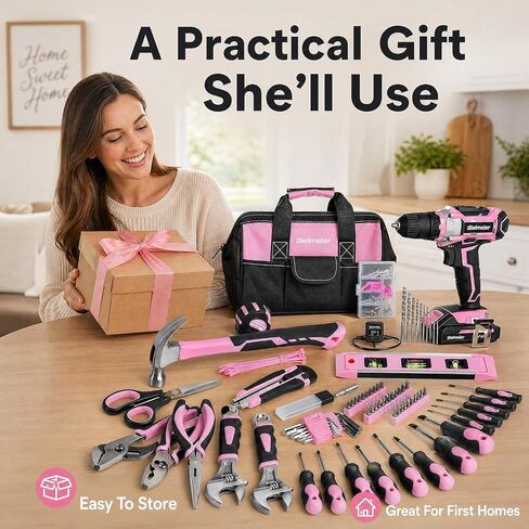 Bielmeier 12V Cordless Power Drill Kit Ideal for DIY Home Use, Variable Speed, Keyless Chuck, Pink Cordless Drill Kit, 82- piece Home Tool Set with Battery, Charger and Storage Bag in Kuwait