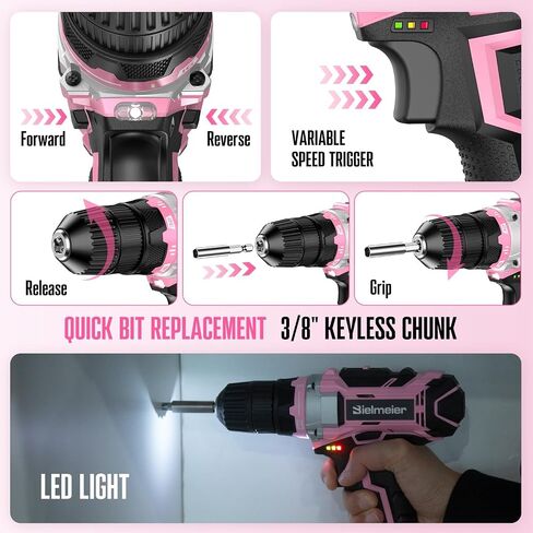 Bielmeier 12V Cordless Power Drill Kit Ideal for DIY Home Use, Variable Speed, Keyless Chuck, Pink Cordless Drill Kit, 82- piece Home Tool Set with Battery, Charger and Storage Bag in Kuwait