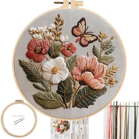 FONNUY Boho Floral Embroidery Kit, Pre-Stamped Butterfly Frolicking in Blooms Patterns Kits for Adults and Beginners, Handmade DIY Crafts Set, Color Thread Needlework, 8'' Hoop (Pink A1) in Saudi Arabia
