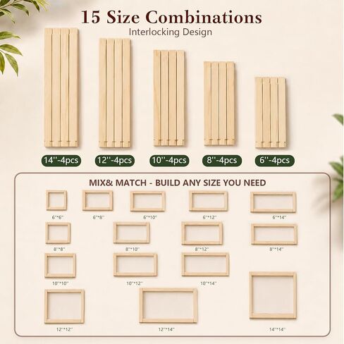 Ecoofor 20 Pcs Needlepoint Stretcher Bars, DIY Wooden Frame Set, 5 Sizes 6", 8", 10", 12", 14" by 3/4-Inch, Interlocking Stretcher Bars for Needlepoint Art in Saudi Arabia