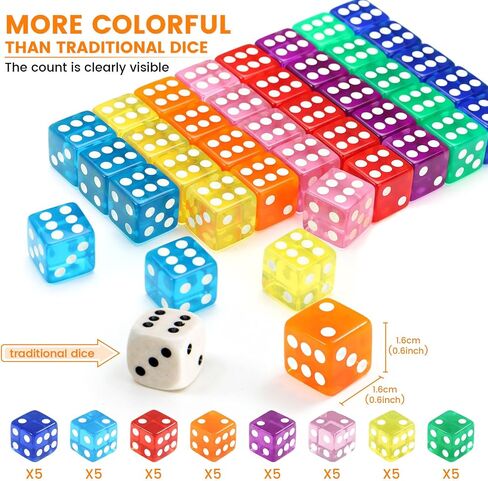 GWHOLE 40 Pieces 16mm Dice Set, 8 Translucent Colors in Saudi Arabia