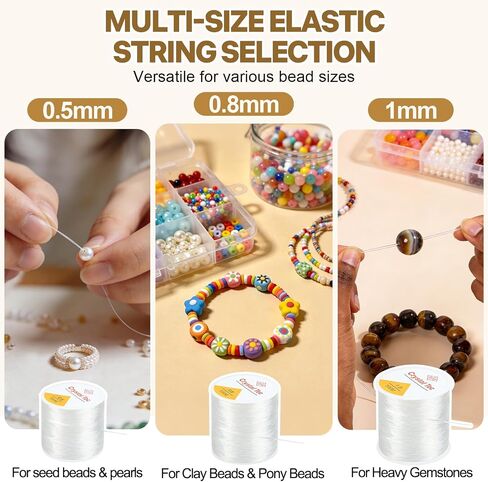 3 Rolls Elastic String Kit (328 Yds) with Spring Cord Clamps - 0.5/0.8/1.0mm Stretchy Cord for Clay & Seed Beads, Jewelry Repair, Necklaces & DIY Friendship Bracelets - 8 Pcs Set w/Needles & Scissors in Kuwait