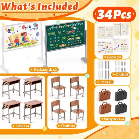 34Pcs Miniature School Supplies, Mini Classroom Dollhouse Accessories with 2 Blackboards, 4 Desks, 4 Chairs, Mini School Supplies for Doll House Classroom Decor in Kuwait