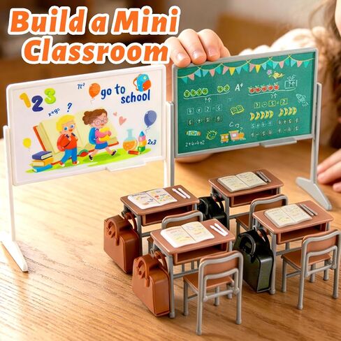 34Pcs Miniature School Supplies, Mini Classroom Dollhouse Accessories with 2 Blackboards, 4 Desks, 4 Chairs, Mini School Supplies for Doll House Classroom Decor in Kuwait