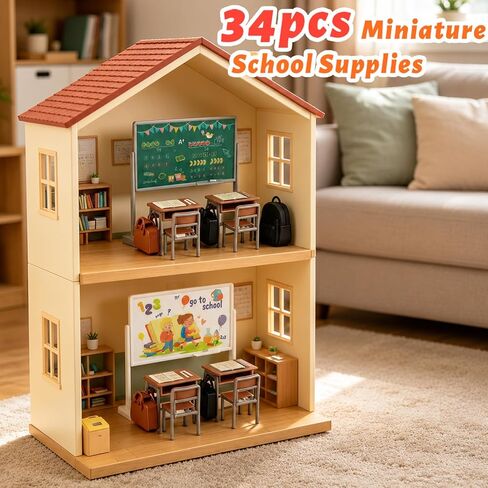 34Pcs Miniature School Supplies, Mini Classroom Dollhouse Accessories with 2 Blackboards, 4 Desks, 4 Chairs, Mini School Supplies for Doll House Classroom Decor in Kuwait