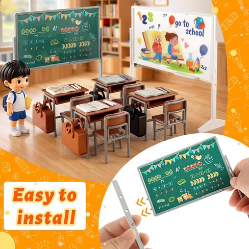 34Pcs Miniature School Supplies, Mini Classroom Dollhouse Accessories with 2 Blackboards, 4 Desks, 4 Chairs, Mini School Supplies for Doll House Classroom Decor in Kuwait