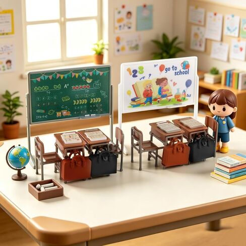 34Pcs Miniature School Supplies, Mini Classroom Dollhouse Accessories with 2 Blackboards, 4 Desks, 4 Chairs, Mini School Supplies for Doll House Classroom Decor in Kuwait