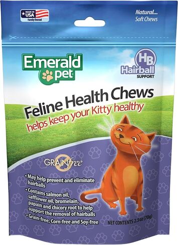 Emerald Pet Feline Health Chews Hairball Support — Natural Grain Free Feline Hairball Control Chews — Hairball Control Cat Supplements for Hairball Prevention and Elimination — Made in USA, 2.5 oz in Kuwait