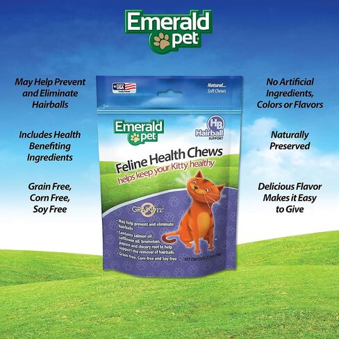 Emerald Pet Feline Health Chews Hairball Support — Natural Grain Free Feline Hairball Control Chews — Hairball Control Cat Supplements for Hairball Prevention and Elimination — Made in USA, 2.5 oz in Kuwait