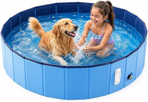 DEWEL Foldable Dog Pool for Dogs & Pets, Portable PVC Pet Bath Tub Kiddie Swimming Pool for Bathing Cooling Play Indoor Outdoor Patio Backyard Use, Non-Slip Bottom, Bonus Brush & Repair Patches in Kuwait