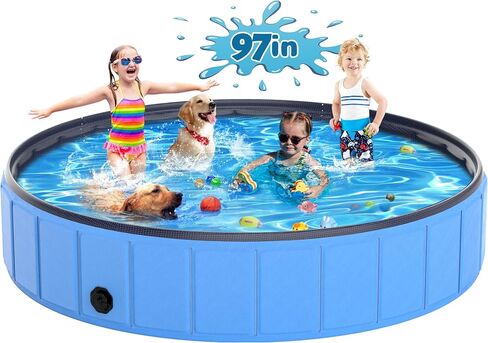 Instraella 97"x16" Dog Pool for Large Dogs, Heavy Duty Hard-Side Foldable Pet Pool, Non-Slip Collapsible Dog Bathing Tub with Drain, Portable Kiddie & Dog Swimming Pool for Outdoor & Indoor Use in Kuwait