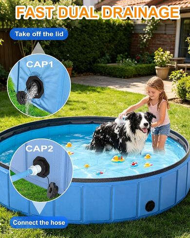Instraella 97"x16" Dog Pool for Large Dogs, Heavy Duty Hard-Side Foldable Pet Pool, Non-Slip Collapsible Dog Bathing Tub with Drain, Portable Kiddie & Dog Swimming Pool for Outdoor & Indoor Use in Kuwait