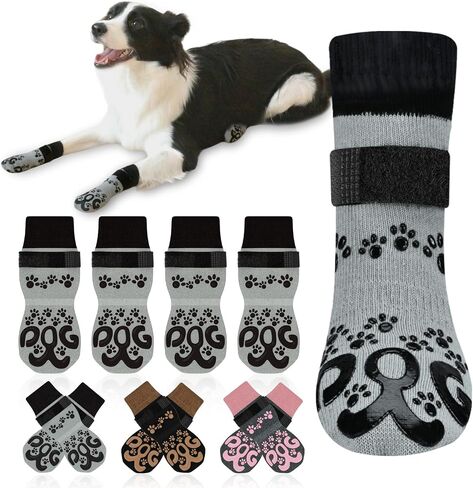Dog Socks for Hardwood Floors Anti Slip - Double Side Dogs Booties to Prevent Licking, Hot Pavement Paw Protectors, No Twist Dog Grippy Socks for Senior Dogs, Light Grey and Black, L in Kuwait