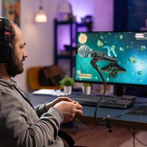 حامل ذراع للميكروفون من UXELY، حامل ميكروفون للمنصة، حامل ميكروفون بذراع معقوفة قابل للتعديل مع مشبك تثبيت على طاولة المكتب للبودكاست والاجتماعات والمحاضرات (أسود) in Kuwait