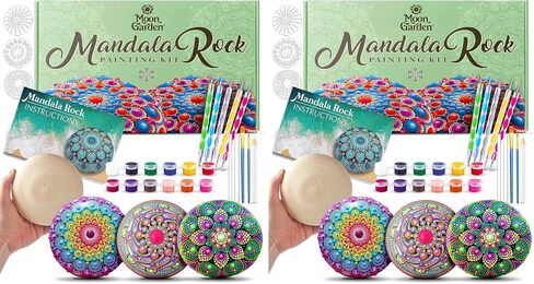 MoonGarden Mandala Rock Painting Kit - Mandala Dotting Tools Kit - Large Wooden Rocks for Painting, Stencils, Acrylic Paints, Dotting Tools for Rocks - Dot Art Kit for Adults & Kids in Kuwait