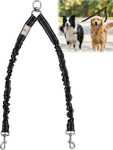 2 Dog Leash, 360° Swivel No Tangle Double Dog Walking & Training Leash, Comfortable Shock Absorbing Reflective Bungee Lead Walk 2 Dogs with Ease in Kuwait