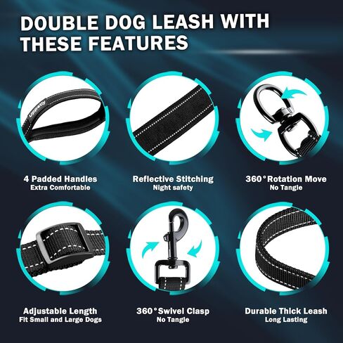 Uppetly Double Dog Leash for 2 Dogs, No Tangle Dual Leashes for Walking with Adjustable Length, Reflective Stitching and 4 Comfortable Padded Handles (Large, Black) in Kuwait