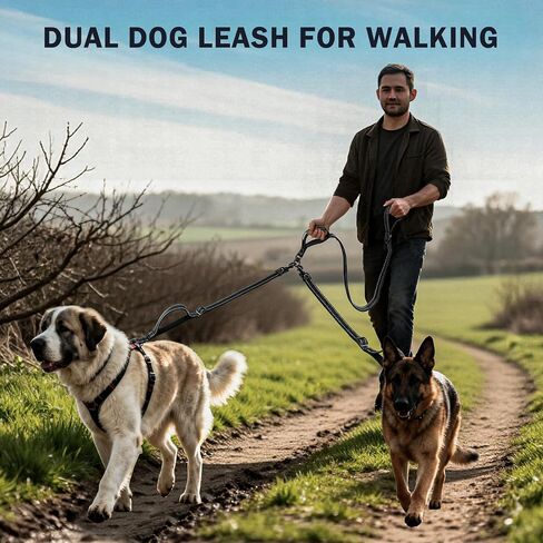 Uppetly Double Dog Leash for 2 Dogs, No Tangle Dual Leashes for Walking with Adjustable Length, Reflective Stitching and 4 Comfortable Padded Handles (Large, Black) in Kuwait