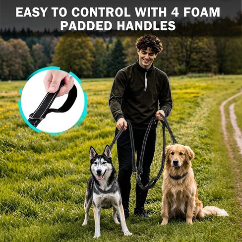Uppetly Double Dog Leash for 2 Dogs, No Tangle Dual Leashes for Walking with Adjustable Length, Reflective Stitching and 4 Comfortable Padded Handles (Large, Black) in Kuwait