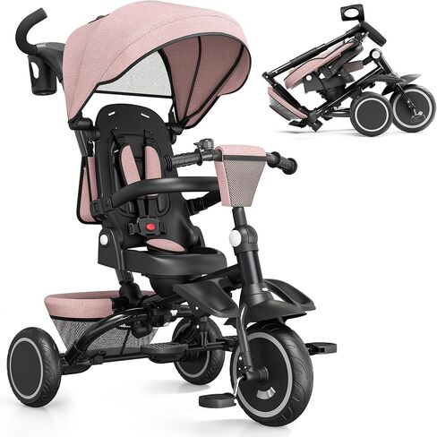 TODEFULL Toddler Tricycle with Push Handle & 1 Step Brake, Foldable Trike in Kuwait