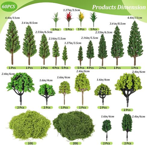 60 Pcs Mixed Model Trees with 1.05 oz Moss 4.4-1.6 Inch Diorama Trees in Saudi Arabia