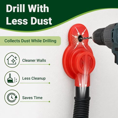EZ SPARES Drill Dust Collector for Vacuum Cleaner,Drilling Holes without Dust Messes,Rubber will Adsorb on Any Wall,Fit Universal 32mm/35mm/38mm Vacuum Attachment,Light,Portable,Washable(Red) in Kuwait