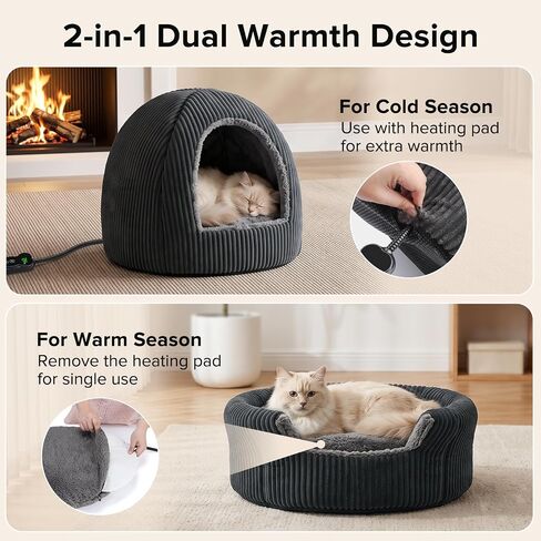2 in 1 Foldable Heated Cat Cave Beds for Indoor Cats and Dogs in Kuwait