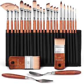 Fuumuui 25pcs Paint Brush Set, Professional 9 Shapes with Wide Flat, Filbert, Fan, Dagger, Cat Tongue, Round, Angle, Rigger for Acrylic Oil Watercolor | Includes Palette Knife & Waterproof Canvas Roll in Kuwait