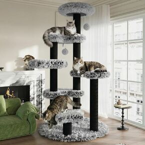 SHA CERLIN 61.5in Cat Tree Tower, Multi-Level Activity Center with Cozy Perch, Star-Shaped Platform, Moon Jumping Board, Sisal Scratching Posts, Hanging Toy Balls for Indoor Feline, Black and White in Kuwait