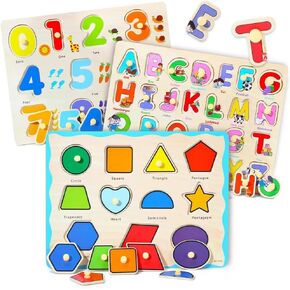 GRINNNIE Wooden Montessori Toddler Puzzles for 3 4 5 Years Old, 3 Pcs (Number, Letter, Shape) Kids Preschool Educational Peg Puzzle Set in Kuwait