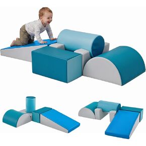 JungleDove Foam Climbing Blocks Set for Toddlers – 6-Piece Soft Play Gym with Ramp, Arch & Building Blocks, Wipe-Clean PU Leather Indoor Climbing Toys, Modern Blue-Grey Nursery Decor in Kuwait