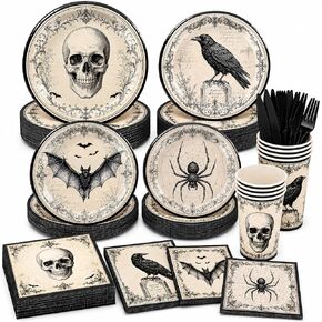 Halloween Party Supplies, Vintage Gothic Halloween Plates and Napkins with Cups, Knives and Forks, Skull Raven Bat Spider Halloween Party Plates for Halloween Birthday Party Decorations, Serves 24 in Kuwait